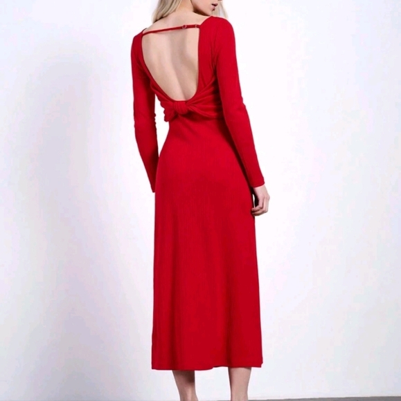 Women Solid Color Round Neck Long Sleeve Slim Fit Dress - Picture 4 of 4